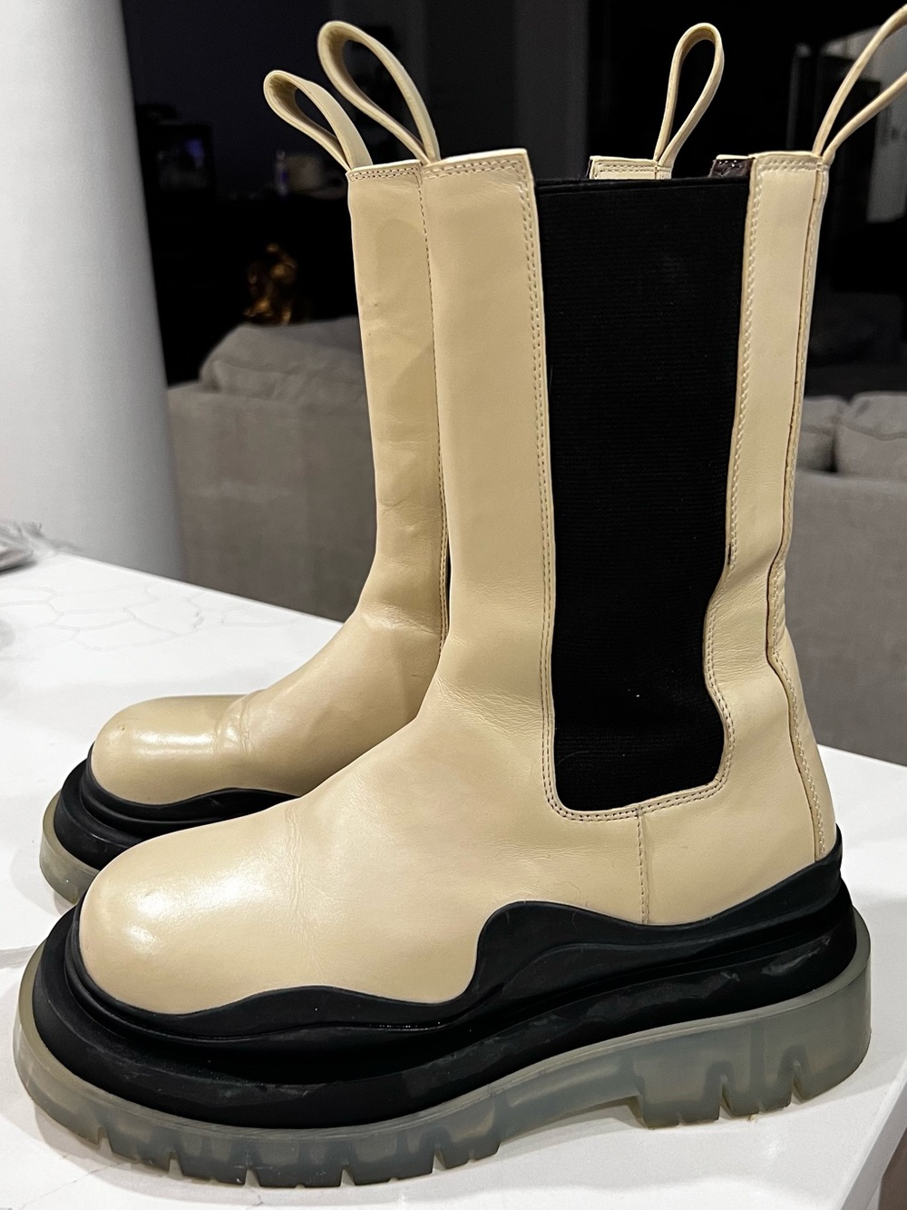 Bottega Veneta Cream Leather Platform chunkyBoots